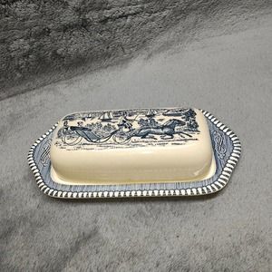 Vintage Currier And Ives Covered Butter Dish Horse Drawn Carriage Blue White